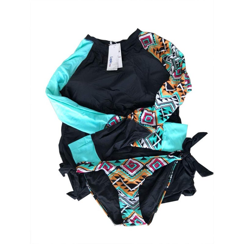 Lopie بلوزة سباحة رياضية بأكمام طويلة للنساء - بدلة سباحة أزتيك (X-Large، أزرق) - Image 5